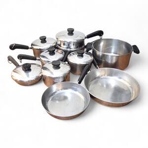 Vintage Revere Ware Copper Bottom Cookware Set Lot of 16 Pcs Pots, Pans & Lid